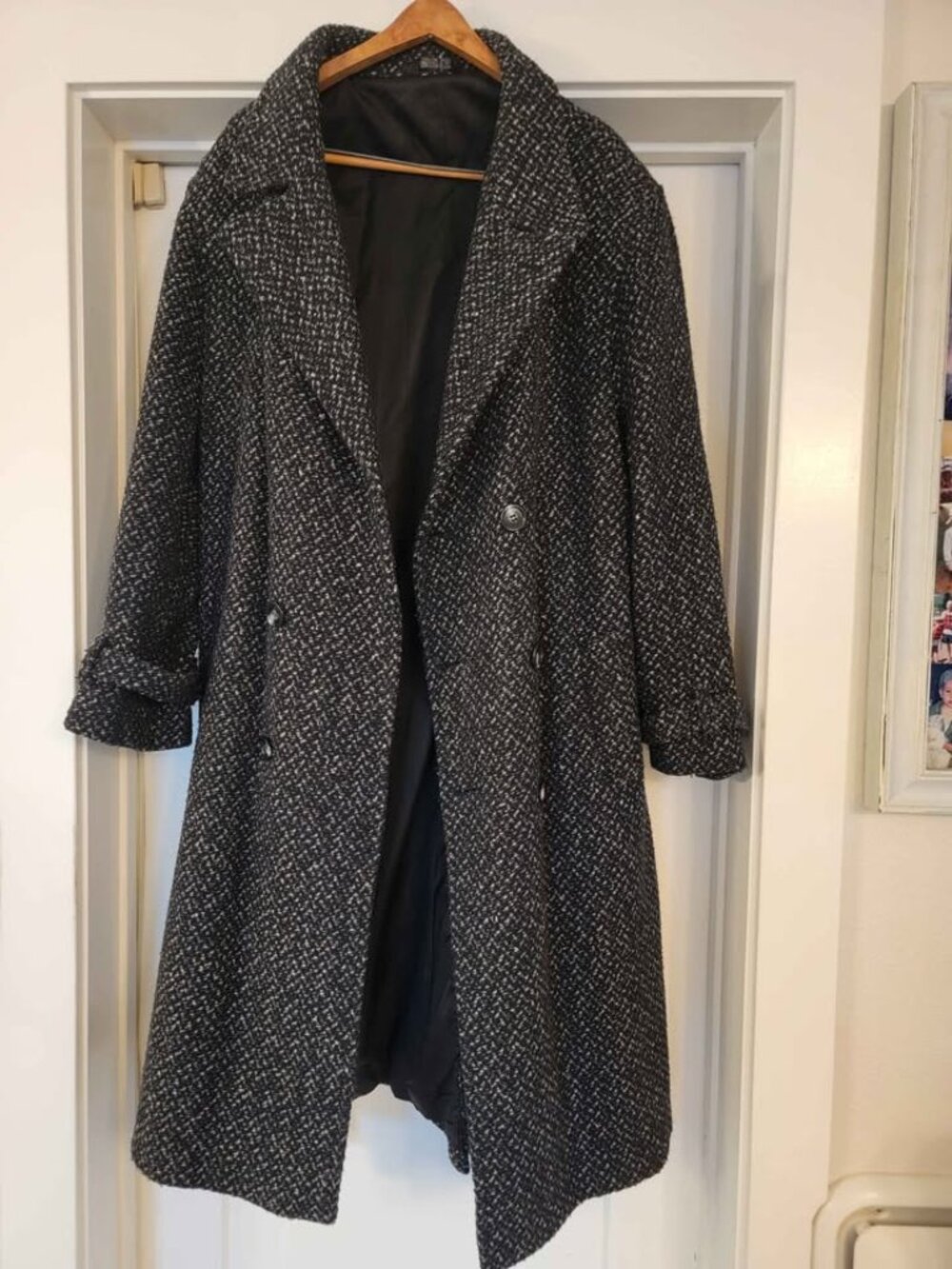 Black Herringbone Wool Tweed Overcoat